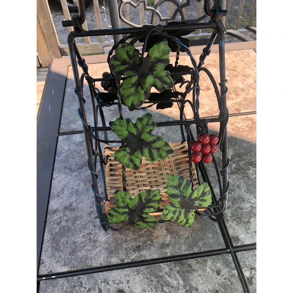 Vintage Tuscany metal Grapevine Wine Rack Wicker Base Rustic Countertop Holder